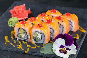 japanese sushi food. Maki ands rolls with tuna, salmon, shrimp, crab and avocado.