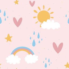 children illustration, rainbow, sun and clouds, heart and stars over pink sky. picture for kids book or calendar. summer weather concept. rain drops over sky. good weather. wallpaper or print seamless
