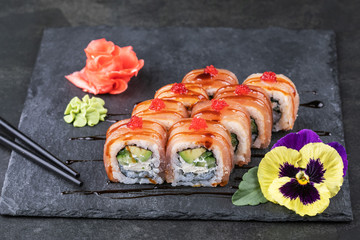 japanese sushi food. Maki ands rolls with tuna, salmon, shrimp, crab and avocado.