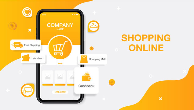 Shopping Online Website Landing Page Template. Mobile Store Application Concept. Marketing And Digital Marketing. Vector Illustration Modern Design. UI, Posters, Banners.