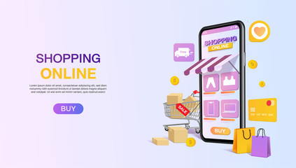 Shopping bags in a trolley out mobile or smartphone. shopping online website template. mobile store application concept. marketing and digital marketing. vector illustration modern design.