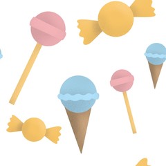 sweets seamless pattern. ice cream and lollipops illustration. icecream and candies isolated. set of sweet treats for kids party. textile print, fabric for children. greeting card, wallpaper for baby.