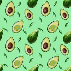 Seamless pattern of avocado. Avocado, hand-draw illustration in gouache on light green background. Food hand drawn illustration.Design for packaging, fabrics, textiles, wallpaper, website, postcards