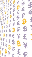 Bitcoin and currency on a white background. Digital crypto currency symbol. Wave effect, currency market fluctuations. Business concept. 3D illustration
