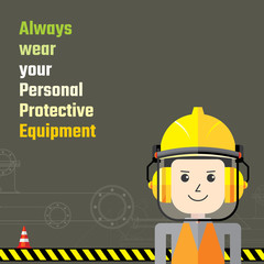 Construction and industrial safety tips for wear personal protective equipment. Worker and his face shield, hard hat and ear muff.