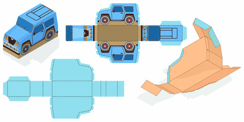 Gift Box Packaging Template Editable Blueprint Layout with Cutting and Scoring Lines. Vehicle  on the background.Joyful Happy Travel Trip. Ready to go for print