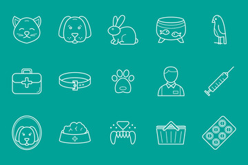 Veterinarian Icons set - Vector outline symbols of veterinary clinic, animals and pets  for the site or interface
