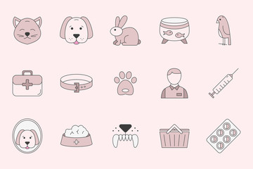 Veterinarian Icons set - Vector color symbols of veterinary clinic, animals and pets  for the site or interface