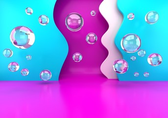 Podium with soap bubbles. Pastel gradients luxury podium for your design with paper waves. Fashion show stage,pedestal. Empty scene for mock up. 3d.