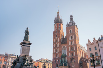 Fototapeta na wymiar Krakow Old Town with view of St. Mary's Basilica during sunrise