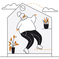 Overweight bodypositive beautiful girl is dancing in huge clothes in her house. Self care vector illustration for girls, women and others. Self-isolation and COVID-19 quarantine vector illustration.