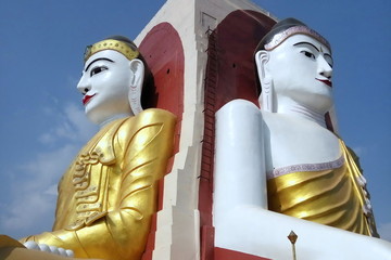 four faced directions golden buddha statue in myanmar in bago city
