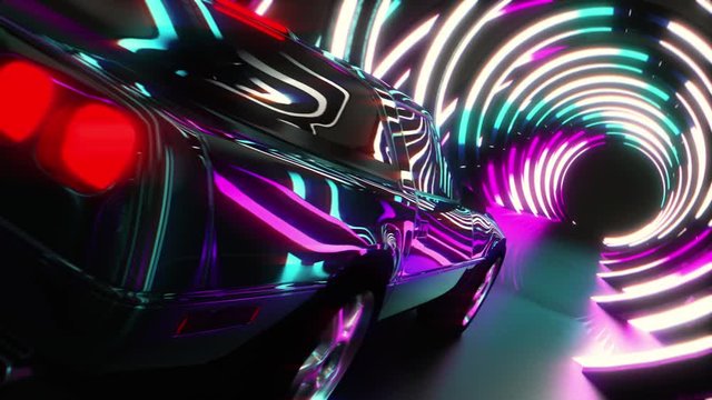 Neon lights reflection on car driving in tunnel, synthwave track, animation