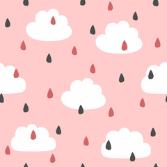 Cute seamless pattern with clouds and raindrops. Vector illustration.