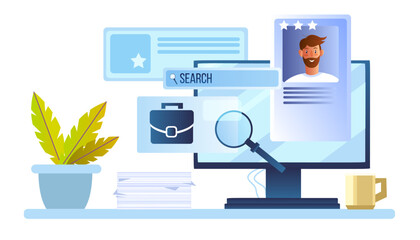 Recruitment stock illustration in flat style with computer screen, magnifier, attache case, young freelancer’s profile, table, papers, coffee cup. Online job search concept in flat style