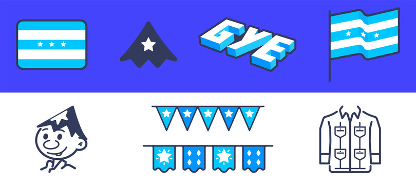 Ecuador, Guayaquil line icon set. Included the icons as pennant, guayabera traditional shirt, juan pueblo, banner and flags. GYE 3D icon, pueblo hay, star flags. Vector illustration symbol. Guayas. 