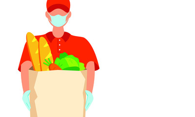 Male courier in a medical mask and gloves with food in his hands on a white background. Delivery concept during the coronavirus pandemic. Vector stock illustration.