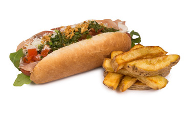 Hot-dog with french fries.