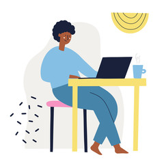 Fototapeta na wymiar Girl sitting at the table working on the laptop. Freelance, work from home concept. HAnd drawn vector illustration