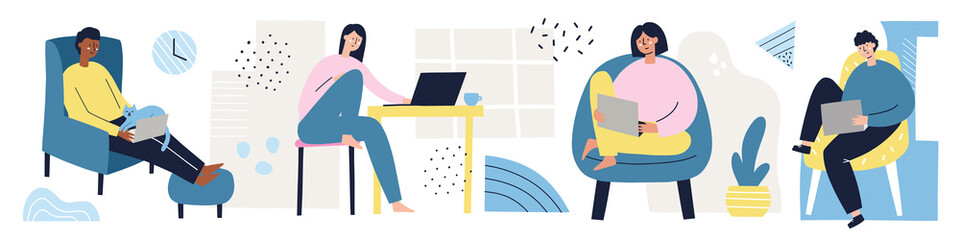 Set of scenes with people working at home. Freelance, work from home concept. HAnd drawn vector illustration with abstract details. Men and women with laptops