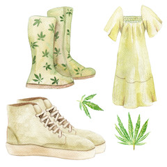 watercolor drawings - hemp - leaves, cannabis clothing Set