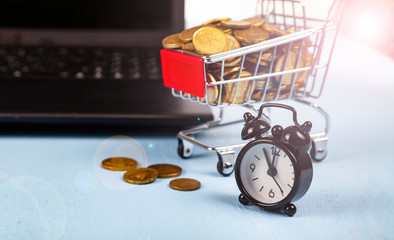 Laptop, shopping cart with coins and watch
