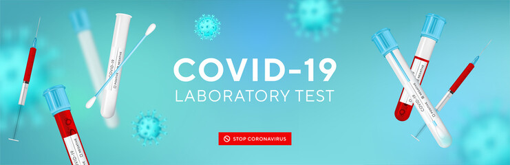 Coronavirus Testing banner with blank space for your creativity. Covid-19 rapid test, 3d virus cells and realistic 3d glass test tube with swab on blue background. Coronavirus disease, Vector.