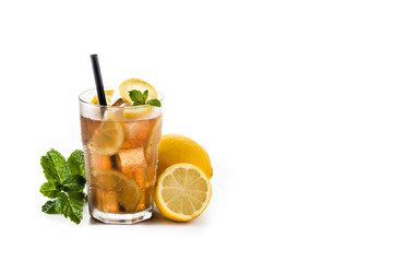 Iced tea drink with lemon in glass isolated on white background. Copy space	