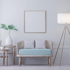 Pastel Living Room, Modern vintage interior of living room, Blank poster on a white wall - 3D Rendering
