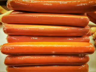 Traditional German sausages in a deli, close up shot.