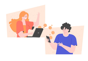 Fototapeta na wymiar Transfer money online. A girl transfers payment from a laptop to a guy’s smartphone. Vector flat illustration.