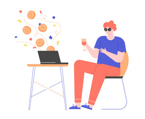 Earning online. Profit and stock trading, dividends from shares. A man with a glass of wine in sunglasses sits with a laptop. Flying coins. Vector flat illustration.