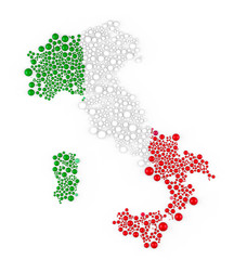 Multicolored raster abstract composition of Italy Map constructed of spheres items. Italy Map and flag. 3D rendering illustration.