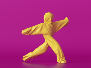3d render, man wearing yellow halloween costume of a fortune cookie or dumpling, cartoon character walking or running. Isolated on pink background, active dancing pose. Funny mascot