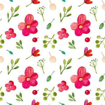 Seamless pattern with flowers and leaves.Made from hand painted watercolor elements