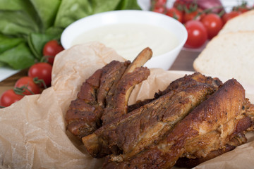 Juicy and fresh traditional Romanian pork ribs chops or 