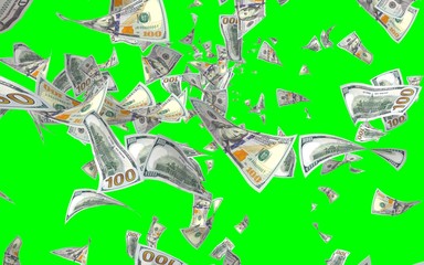 Flying dollars banknotes isolated on chromakey. Money is flying in the air. 100 US banknotes new sample. 3D illustration