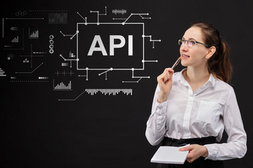 Concept api business girl looks at abstract graphics.