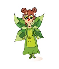 Fairy with wings. A girl in a dress and apron. A ladybug sits on the fairy's nose. The magical girl. Vector isolated illustration with a fairy on a white background. Doodle style. Design of postcards 