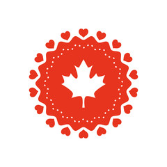 Canada day design with maple flag and hearts round frame, silhouette style