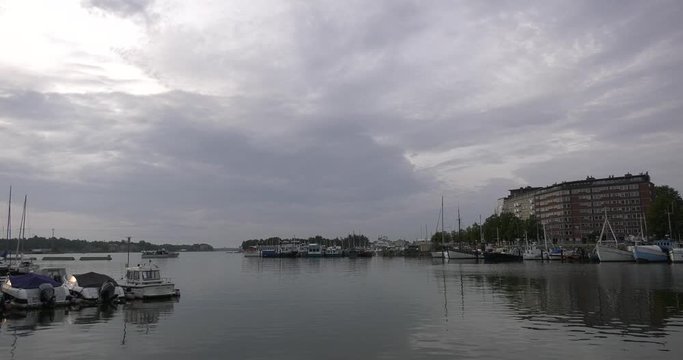 4K Helsinki Baltic Sea Finnish Bay lagoon, yachts, cruise liners view on cloudy summer day video in Finland, northern Europe