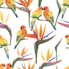 Pattern with beautiful watercolor tropical flowers and parrots. Tropics. Realistic birds. Tropical flowers. - 348598710