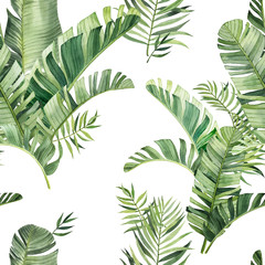 Pattern with beautiful watercolor tropical leaves. Tropics. Realistic tropical leaves. - 348598762