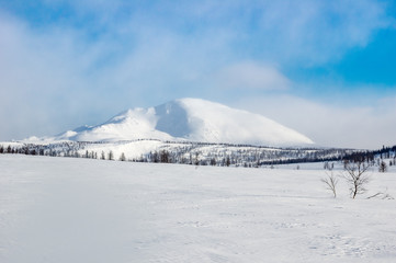 Fototapeta na wymiar winter ski trip in the mountains of the circumpolar Urals. Ural winter mountains