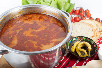 Top view of plate with meatballs soup, traditional plate of the Romanian cuisine,ciorba de perisoare