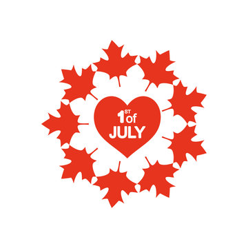 Canada day concept, heart with maple leaves around, silhouette style