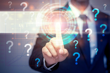 businessman pressing support button on virtual screen.