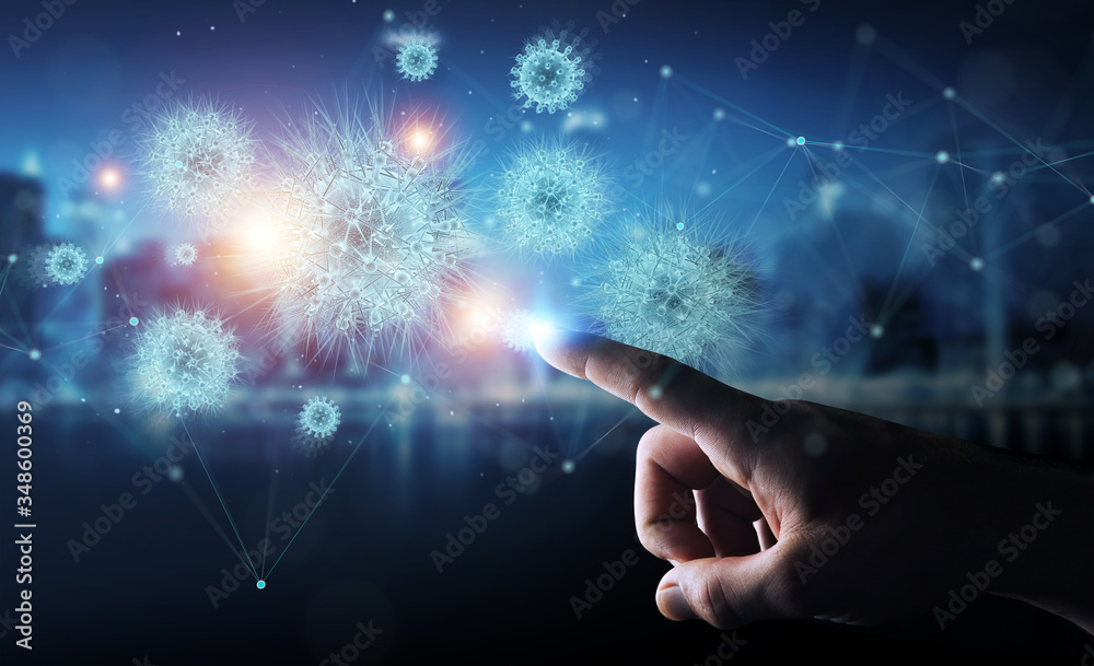 Poster Man analyzing coronavirus with digital holographic projection close-up 3D rendering