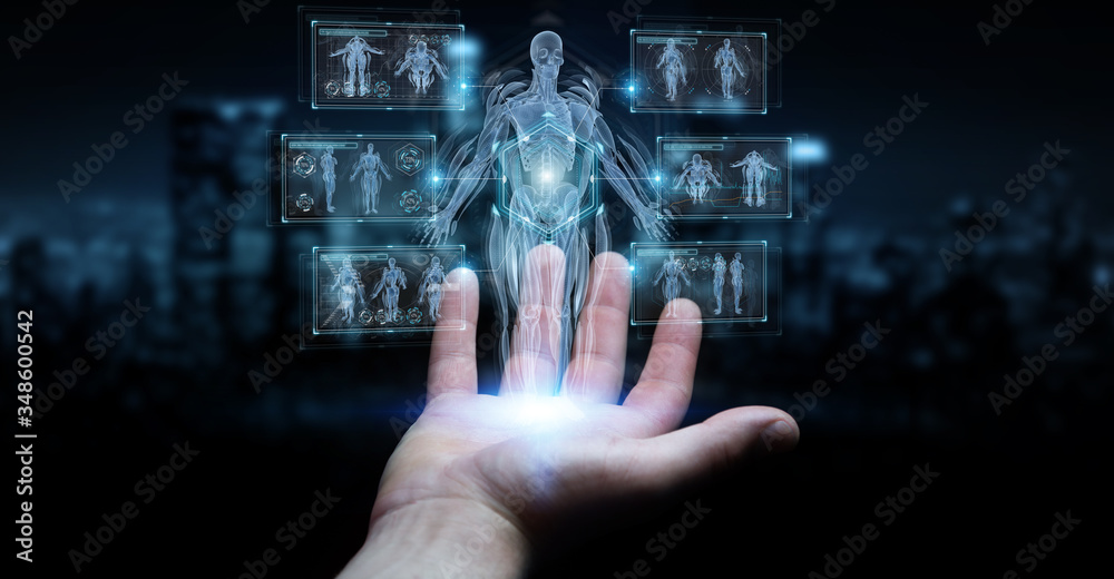 Poster Man hand using digital x-ray human body holographic scan projection 3D rendering