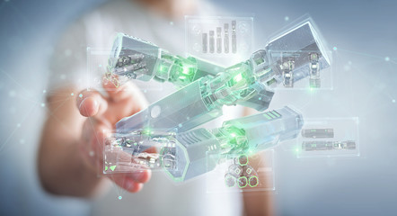 Man holding and touching green renewable energy battery 3D rendering